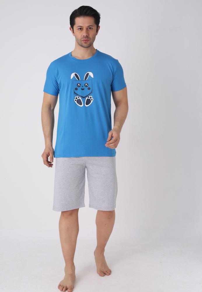 Pijama barbat cu maneca scurta si pantaloni 3/4, culoare albastru , Engros